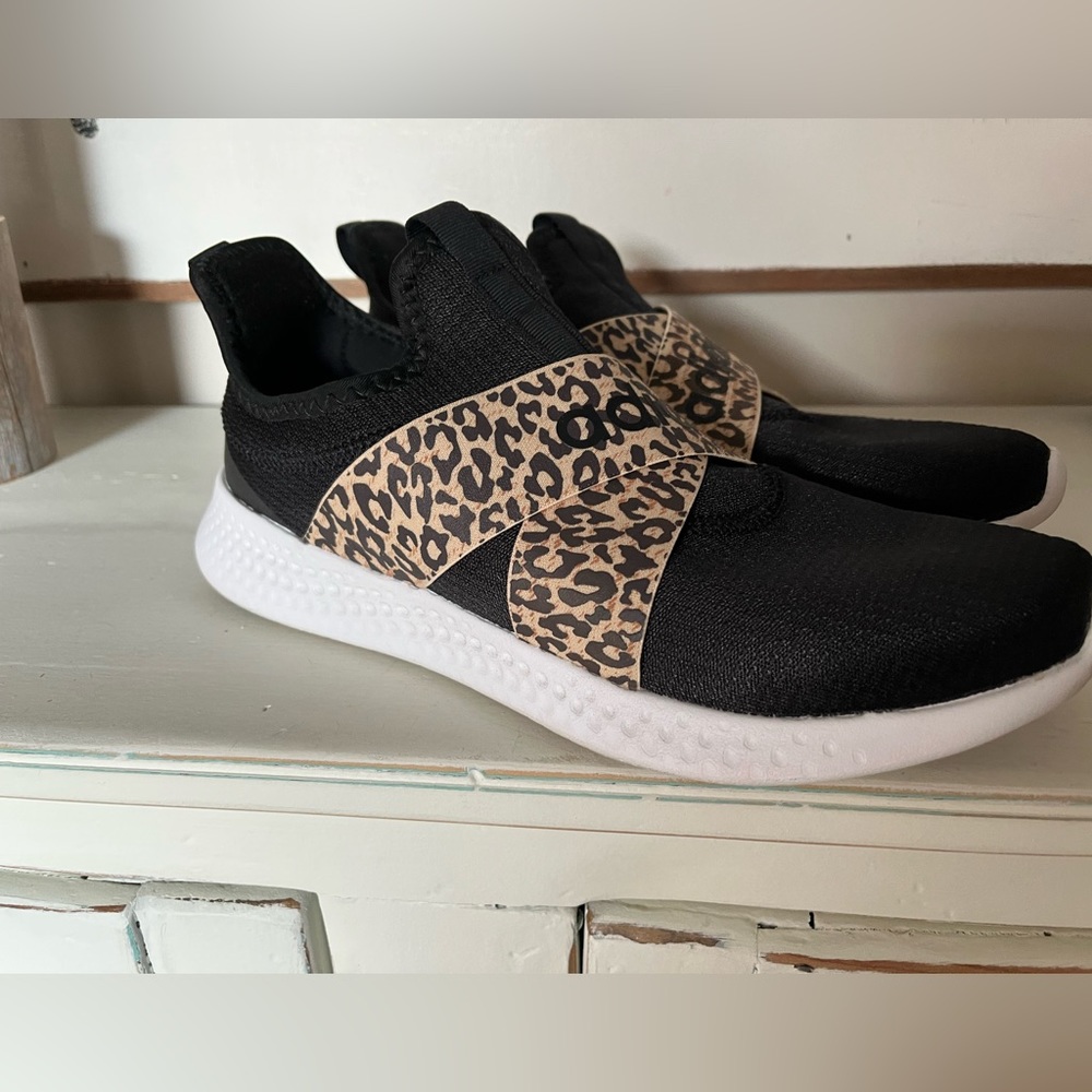 Adidas cloud tennis shoes, black with leopard detail, 11